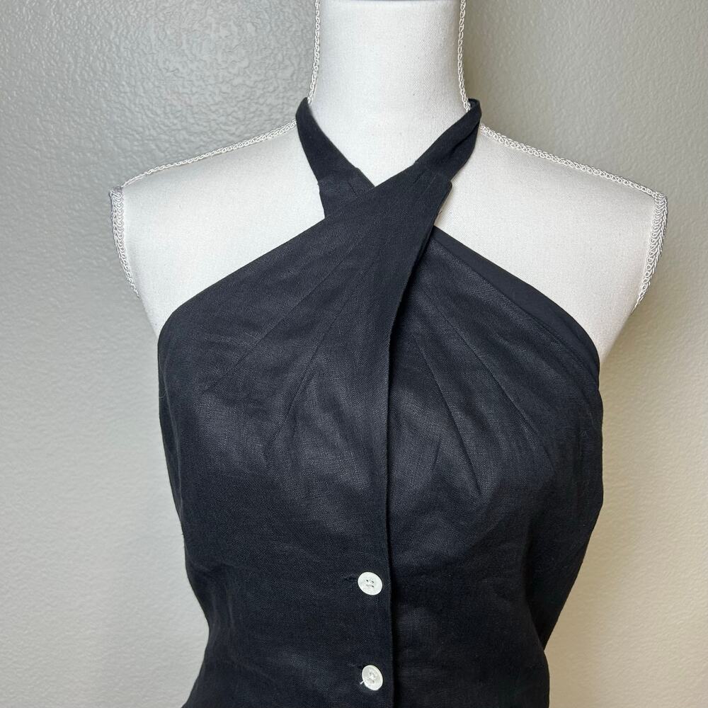 Staud black halter tie button front mini linen dress with pockets size S - Picture 3 of 7